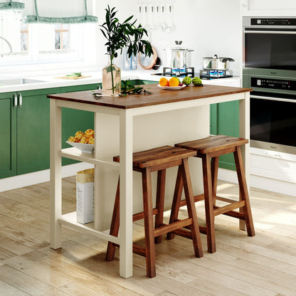 Rustic 3 Piece Stationary Kitchen Island Set with 2 Open Shelves - Light Brown