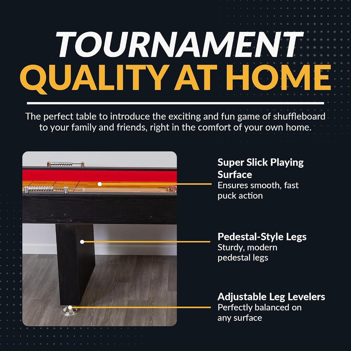 Avenger 9-Foot Shuffleboard Table for Family Game Rooms – Poly-Coated Playfield, Integrated Scoring System, Carpeted Gutters, Includes 8 Pucks, Brush, and Wax – Black Finish