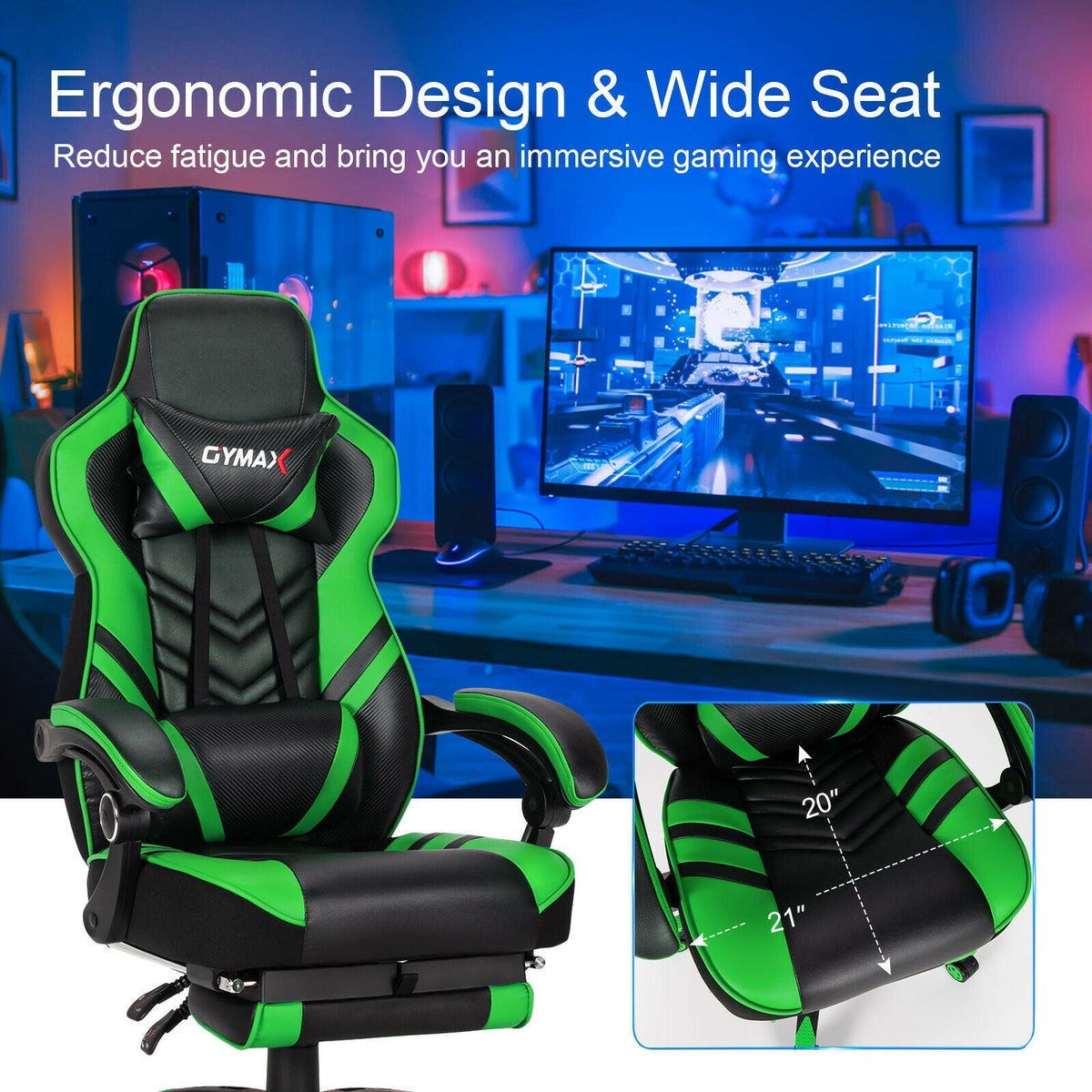 Adjustable Ergonomic Gaming Chair with Footrest - 6 Color Options