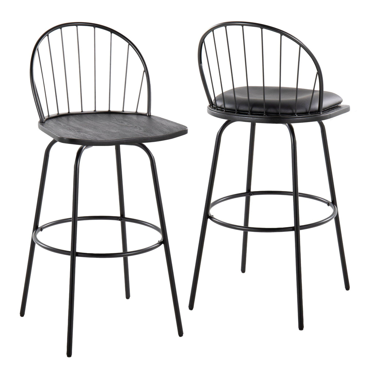 Farmhouse Barstool Set with Swivel and Round Footrest - Black or Dark Brown