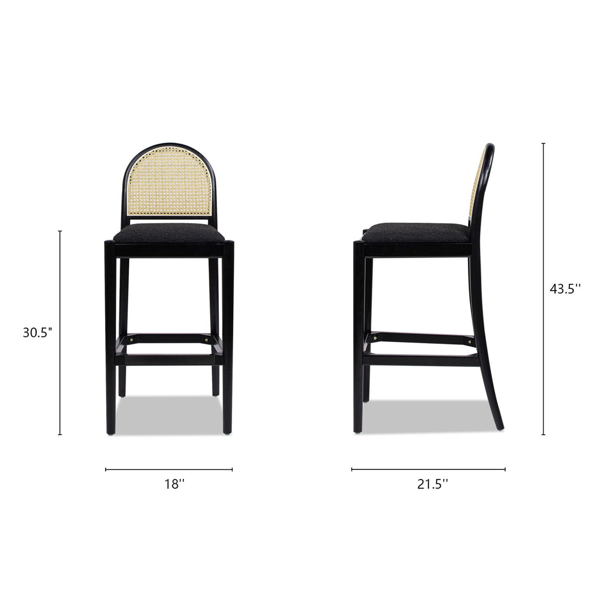 Curved Back Cane Bar Stools with Natural Cane Webbing - Black or White