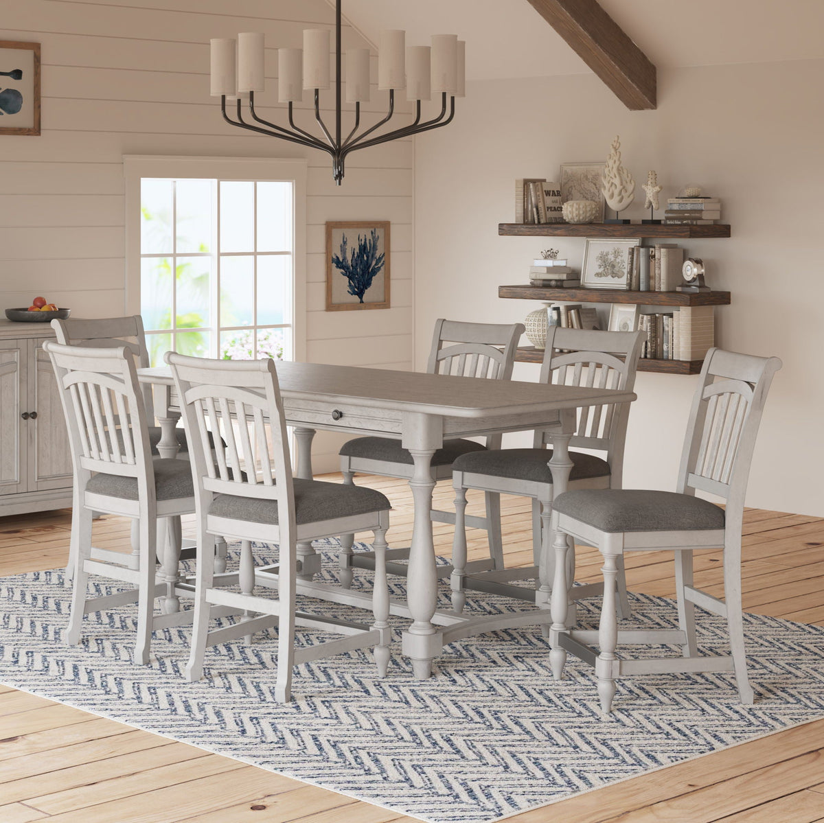 Slat Back Barstools Set of 2 with Coastal Design - Gray