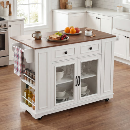 54" Mobile Kitchen Island with Glass Door Storage & Power Outlet - Black, Blue Gray, White