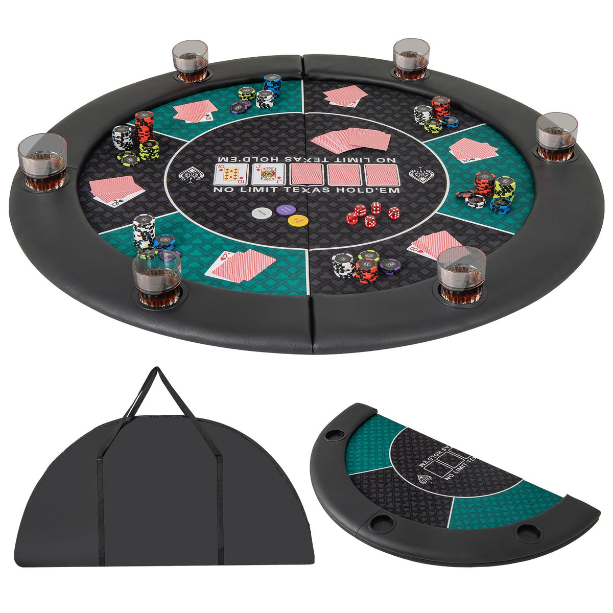 Portable 48 Inch 6-Player Foldable Poker Table Top Round Game Mat-Green