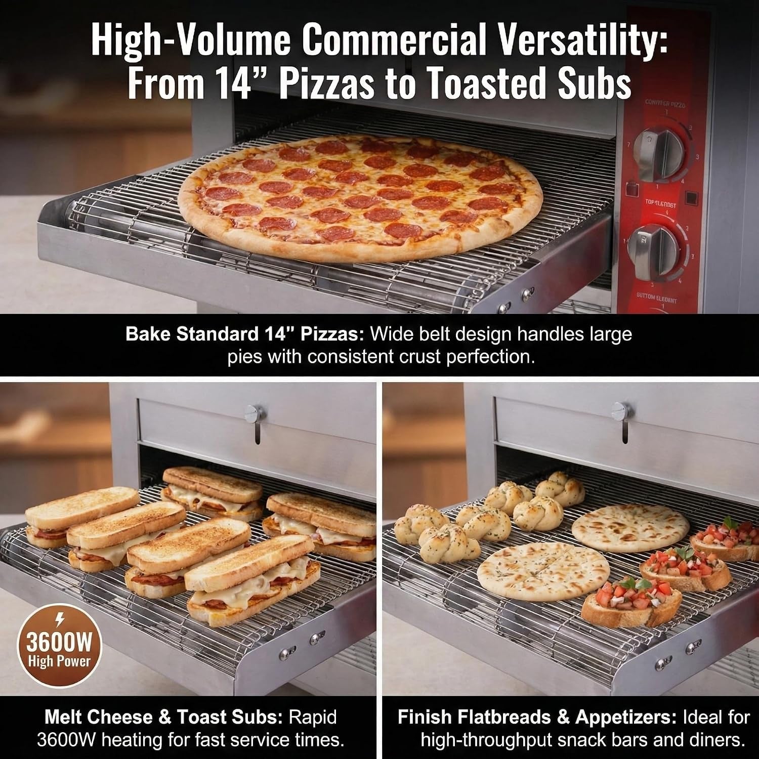 14" Commercial Conveyor Pizza Oven, 3600W 240V Countertop Electric Pizza Baker with 14-Inch Stainless Steel Belt, 6-20P Plug, High Efficiency Fast Baking for Restaurant, Snack Bar, Silver