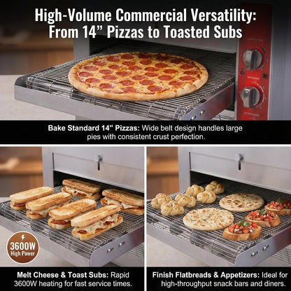 14" Commercial Conveyor Pizza Oven, 3600W 240V Countertop Electric Pizza Baker with 14-Inch Stainless Steel Belt, 6-20P Plug, High Efficiency Fast Baking for Restaurant, Snack Bar, Silver