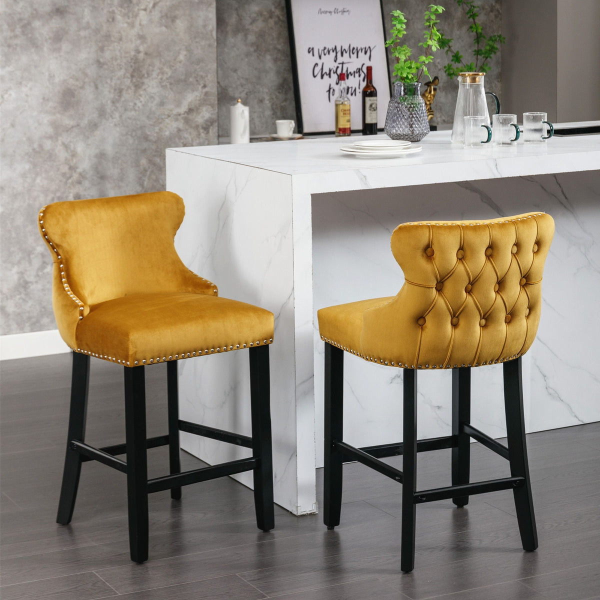 Upholstered Wing-Back Barstools with Button Tufting and Nailhead Trim - Set of 2