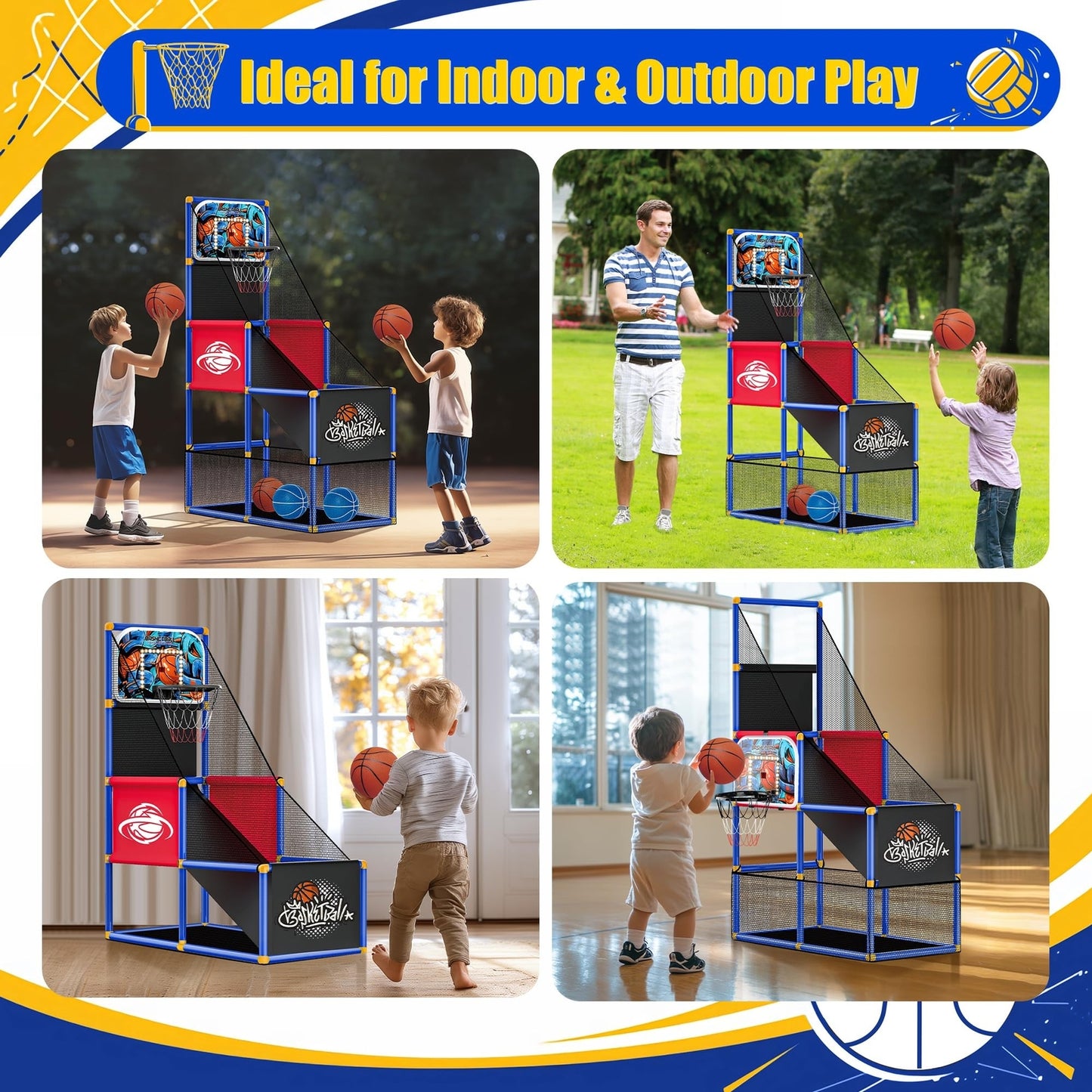 Kids Arcade Basketball Hoop with 4 Balls, Indoor Outdoor Single Shot Basketba...