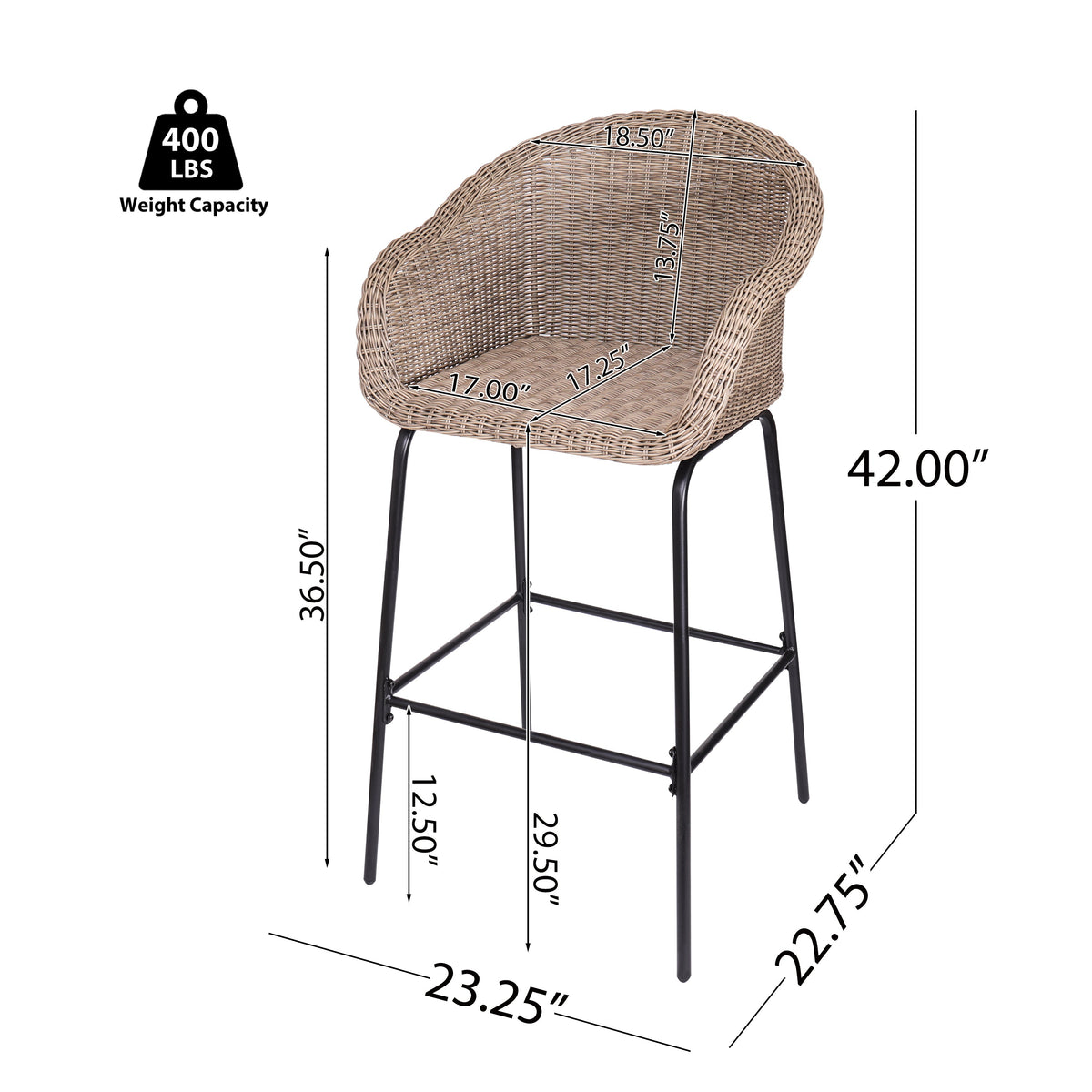 Light Brown Metal Wicker Barstool Set of 2 with Iron Frames