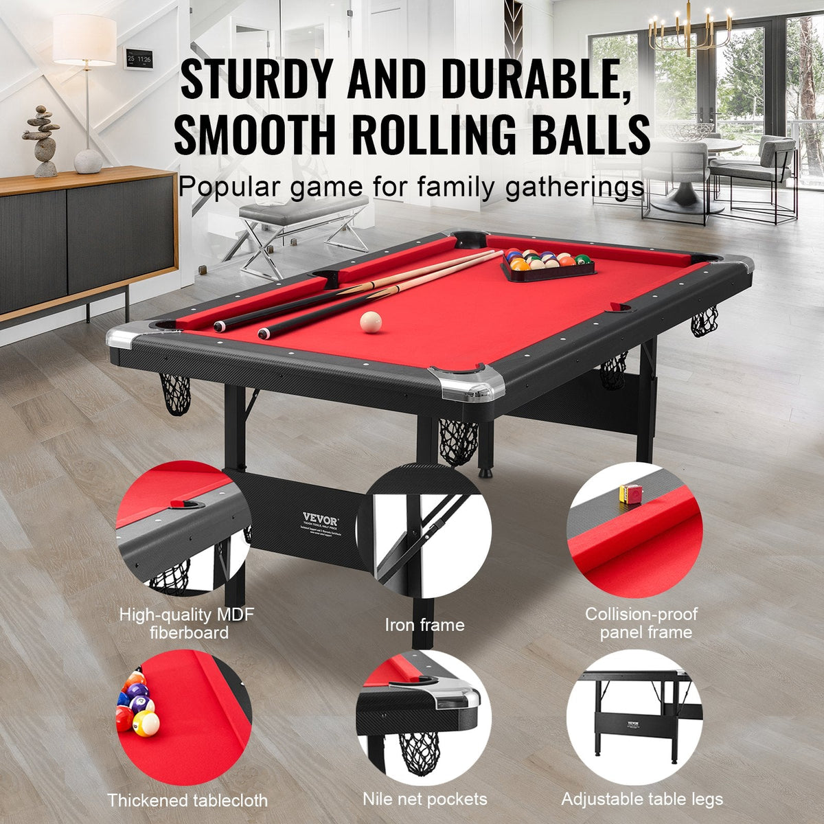 Billiards Table, 6.3 Ft Pool Table, Portable Foldable Space-Saving Table, Billiard Table Set Includes Balls, Cues, Chalks And Brush, Black With Red Cloth, Perfect For Family Game Room Kid Adult