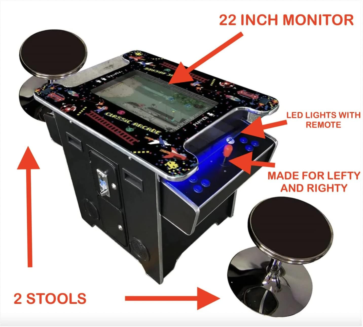 Commercial Grade Full Size Cocktail Arcade Machine for 2 Players with 60 Retro Games, 22" LCD Screen, Tempered Glass, Includes 2 Stools, 5-Year Warranty, Black Finish