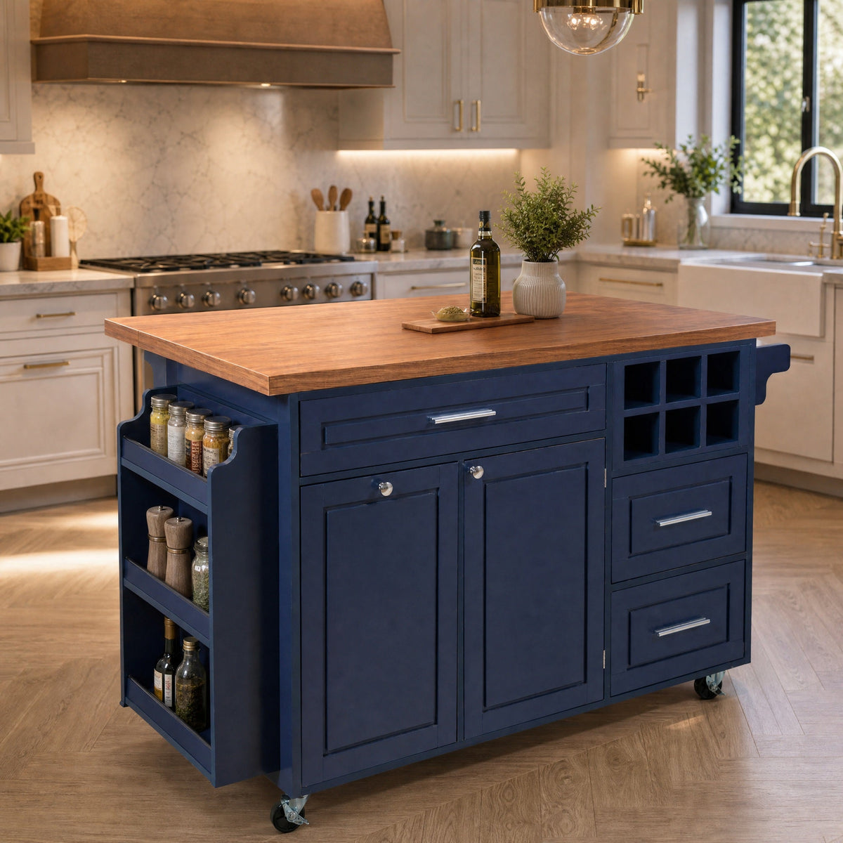 Rolling Kitchen Island Cart with Drop-Leaf and Rubber Wood Top - Natural