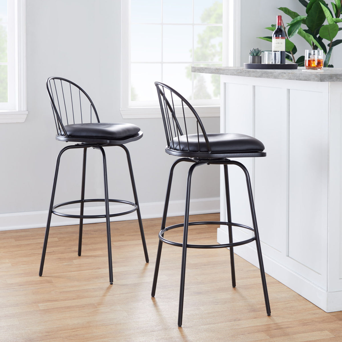 Farmhouse Barstool Set with Swivel and Round Footrest - Black or Dark Brown