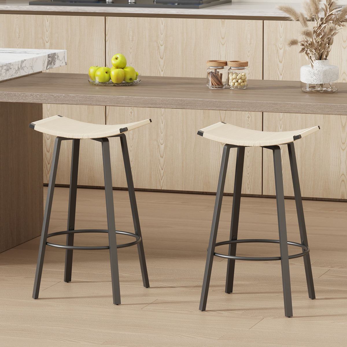 Counter Height Bar Stools Backless Handwoven Set with Round Footrest - Creamy White