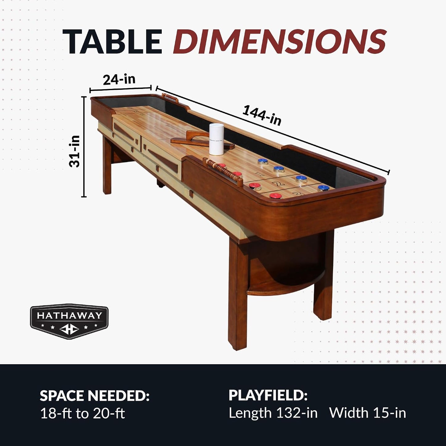 Merlot 12 Foot Shuffleboard Table for Family Game Room - with Lacquer Coated Playfield, Built-In Scorer and Cabinet, Climate Adjusters, Leg Levelers, 8 Pucks, Brush, and Wax - Walnut Finish