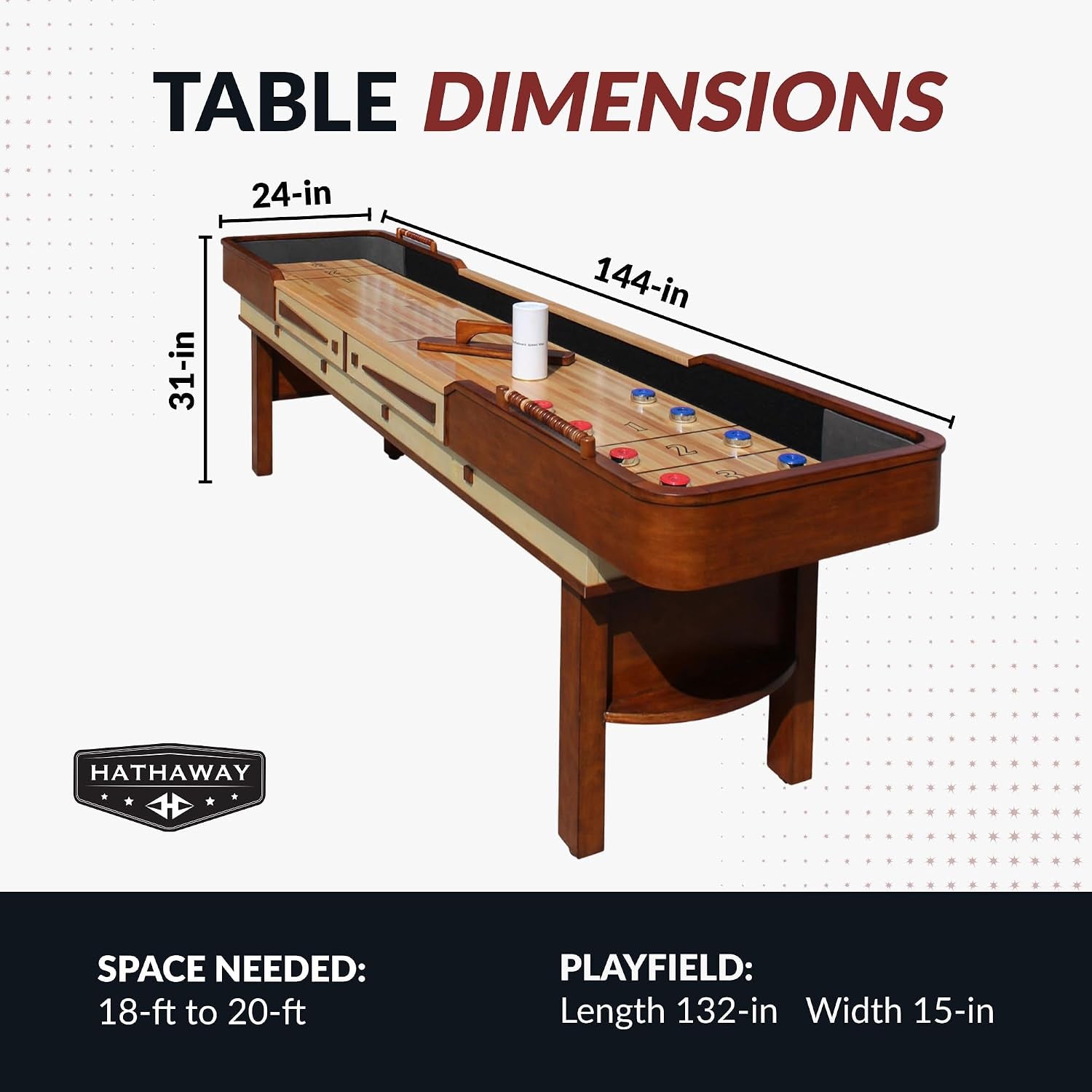 Merlot 12 Foot Shuffleboard Table for Family Game Room - with Lacquer Coated Playfield, Built-In Scorer and Cabinet, Climate Adjusters, Leg Levelers, 8 Pucks, Brush, and Wax - Walnut Finish