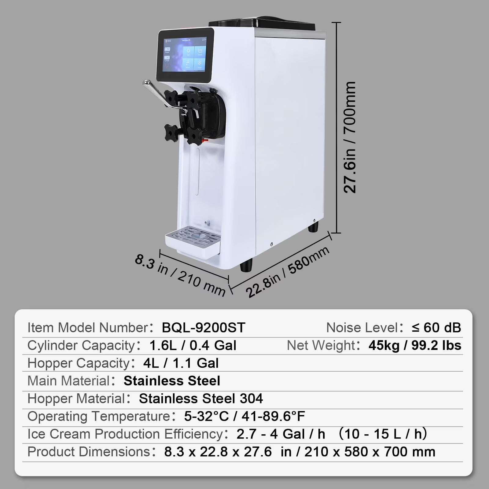 Commercial Ice Cream Machine 2.7-4Gal/10-15L/H 4L Hopper Single Flavor Countertop Soft Serve Ice Cream Maker Auto Clean Pre-Cooling