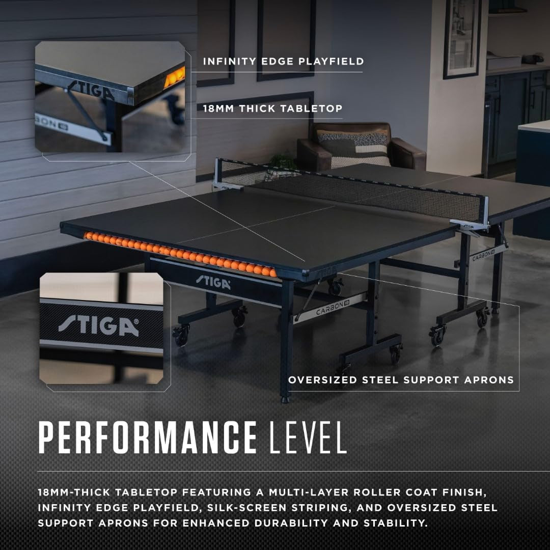 Carbon Series Indoor Table Tennis Table with 15Mm - 18Mm Performance Top, Quickplay Assembly, Built-In Ball Storage, Foldable Playback Mode & Lockable Casters