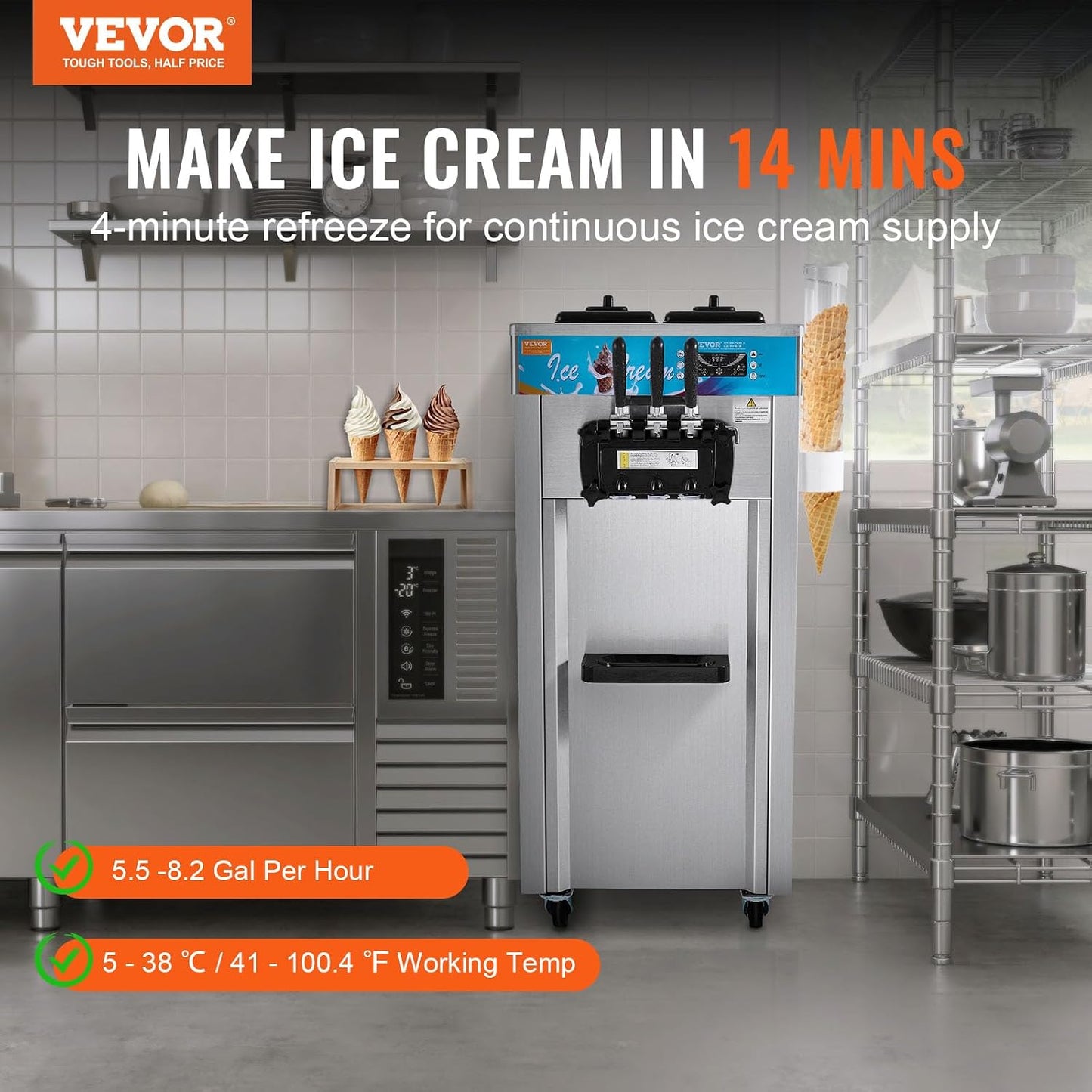 Commercial Ice Cream Machine, 21-31 L/H Yield, 1800W 3-Flavor Freestanding Soft Serve Ice Cream Maker, 2 X 5.5L Stainless Steel Cylinder, LED Panel Auto Clean Pre-Cooling, for Restaurant Bars