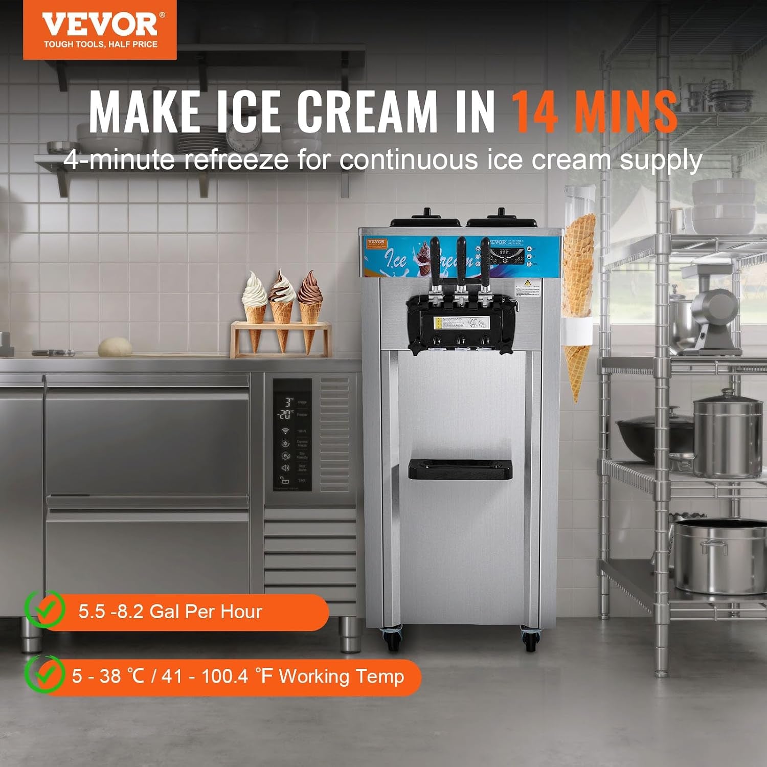 Commercial Ice Cream Machine, 21-31 L/H Yield, 1800W 3-Flavor Freestanding Soft Serve Ice Cream Maker, 2 X 5.5L Stainless Steel Cylinder, LED Panel Auto Clean Pre-Cooling, for Restaurant Bars