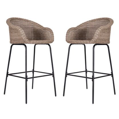 Light Brown Metal Wicker Barstool Set of 2 with Iron Frames
