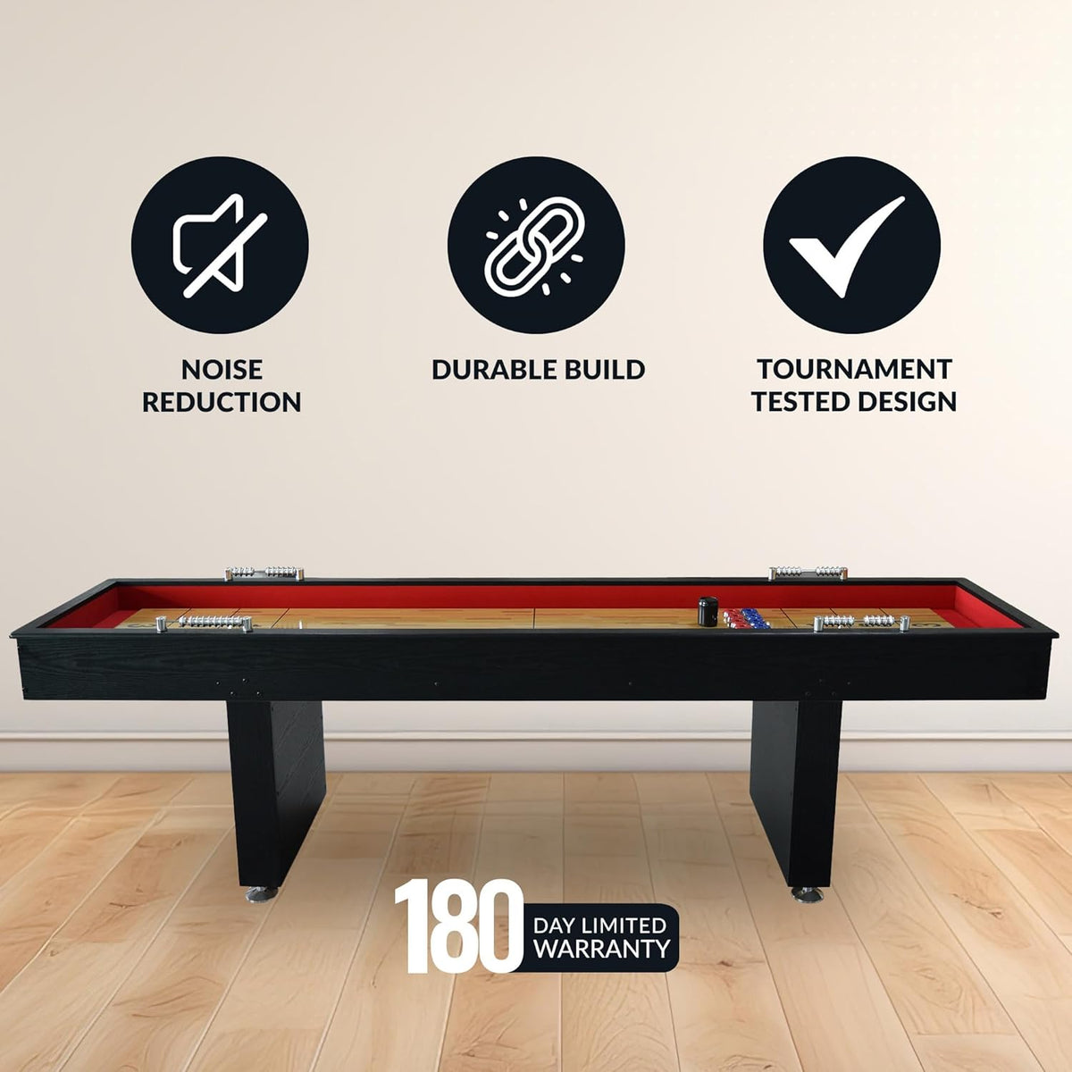 Avenger 9-Foot Shuffleboard Table for Family Game Rooms – Poly-Coated Playfield, Integrated Scoring System, Carpeted Gutters, Includes 8 Pucks, Brush, and Wax – Black Finish