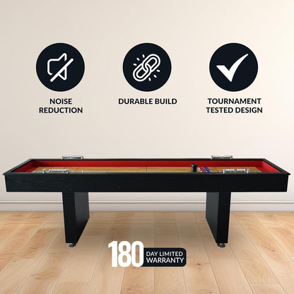 Avenger 9-Foot Shuffleboard Table for Family Game Rooms – Poly-Coated Playfield, Integrated Scoring System, Carpeted Gutters, Includes 8 Pucks, Brush, and Wax – Black Finish