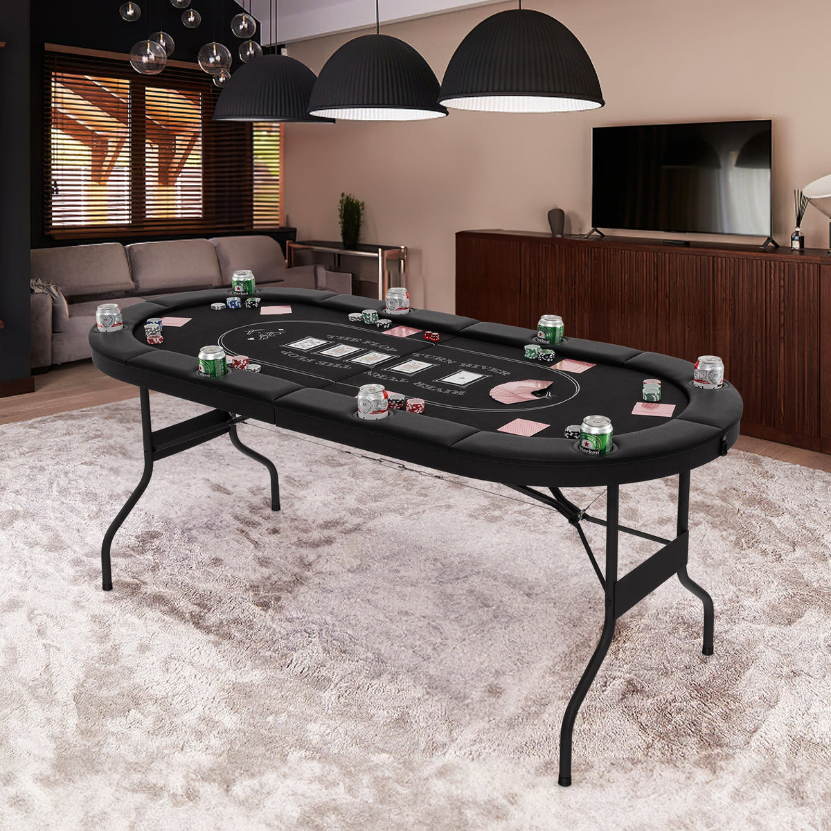 72 Inch Foldable Poker Table for 8 Players Portable Oval Card Board Game Table-Black