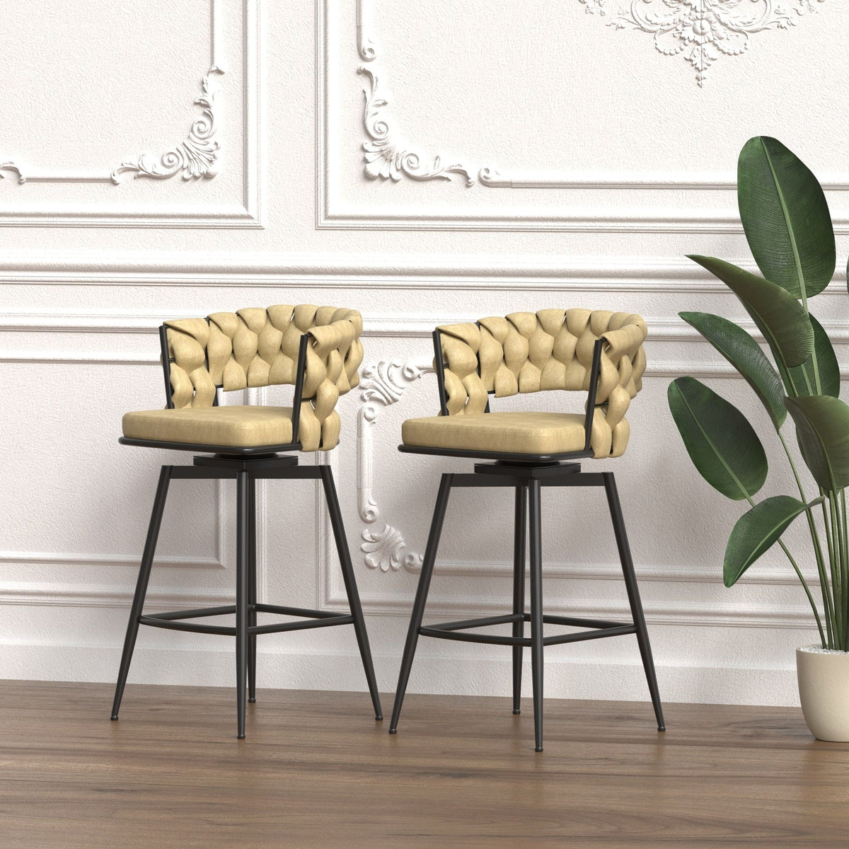 Bar Stool 360 Swivel with Back Footrest - Upholstered, Set of 2