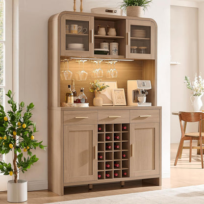 77" Tall Coffee Bar Cabinet with Storage and Wine Rack, Wine Cabinet for Dining Room Home with LED Lighting & Charging Station, Bar Cabinets for Kitchenwith Glass Holders, Oak
