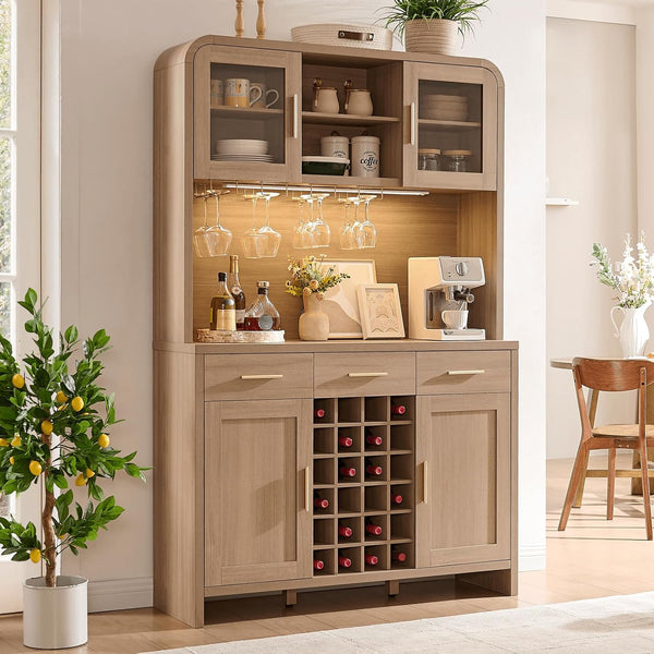 77" Tall Coffee Bar Cabinet with Storage and Wine Rack, Wine Cabinet for Dining Room Home with LED Lighting & Charging Station, Bar Cabinets for Kitchenwith Glass Holders, Oak