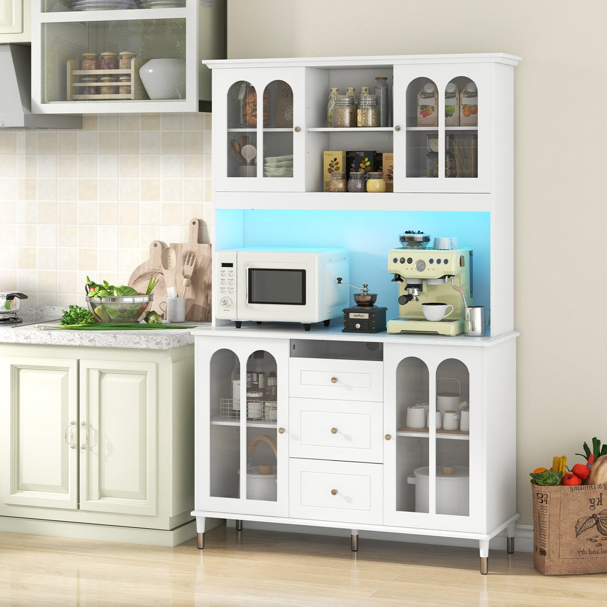 73 Inch Kitchen Pantry Storage Cabinet Freestanding Buffet Cabinet with LED Lights-White