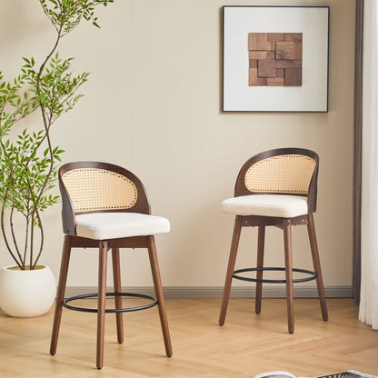 Como Indoor Wood Barstool Set of 2 with Rattan Backrest - Black, Beige