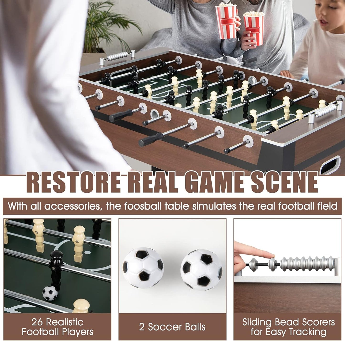 54" Foosball Table for Adults, Full Sized Game Tables with 2 Balls, Wood Arcade Soccer Table Game for Indoor Game Room Family Night