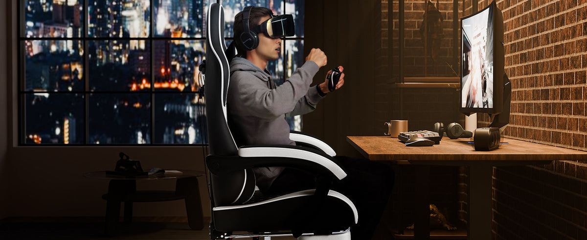 Ergonomic Video Gamer Chair with Massage Lumbar Support and Footrest - Black