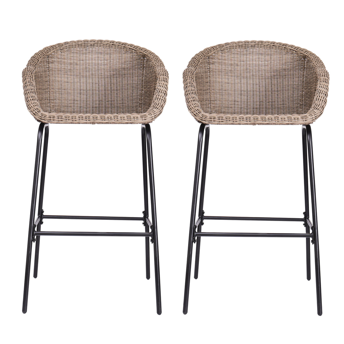 Light Brown Metal Wicker Barstool Set of 2 with Iron Frames