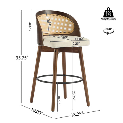 Como Indoor Wood Barstool Set of 2 with Rattan Backrest - Black, Beige