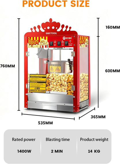 Crown Style,Commercial Popcorn Machine, 8 Ounce Kettle, 1400W, Theater Style, Family Style, with 3 Wwitch Controls, Steel Frame Tempered Glass Door, 1 Spoon, Red