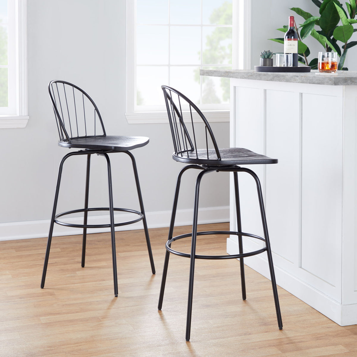 Farmhouse Barstool Set with Swivel and Round Footrest - Black or Dark Brown