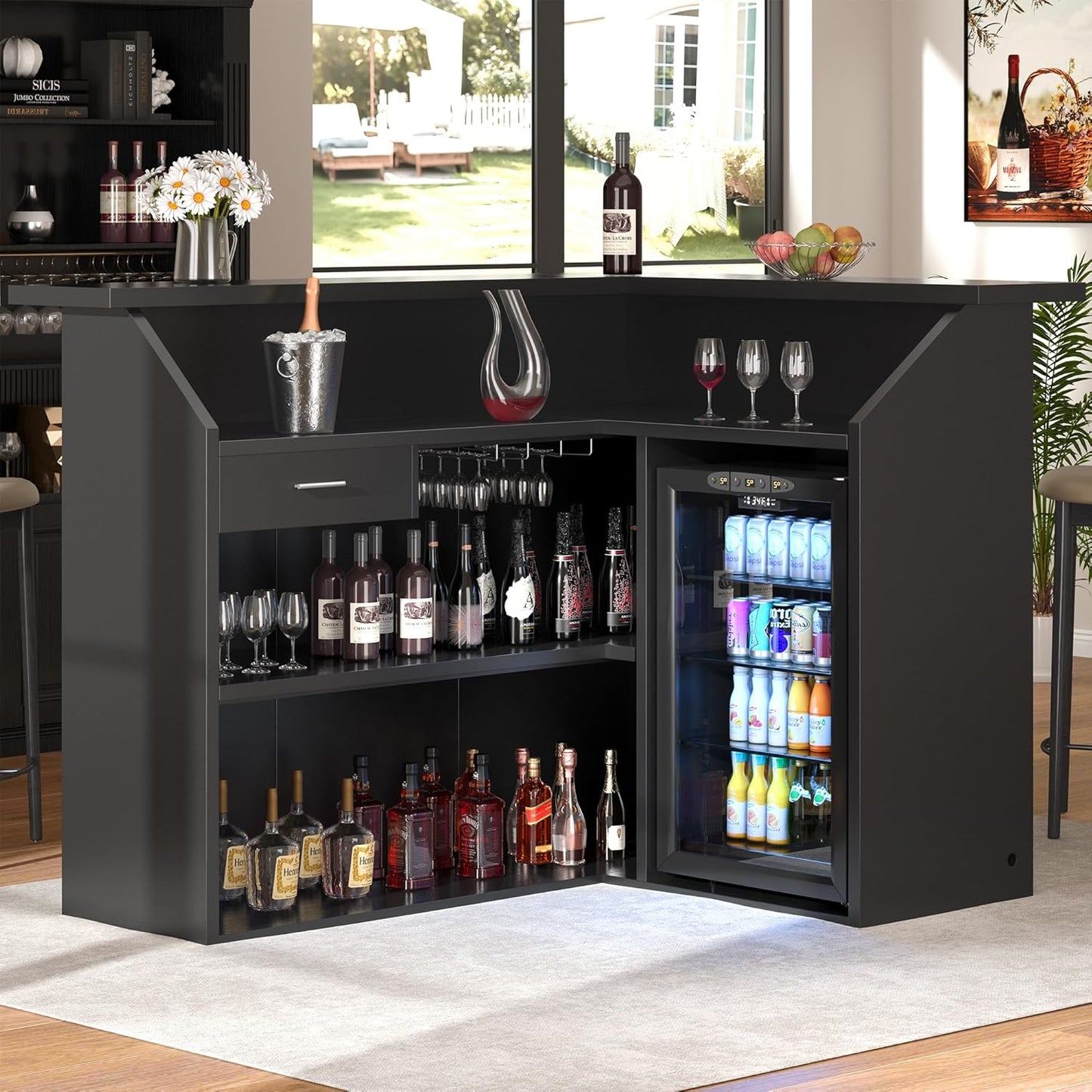 L-Shaped Home Bar Cabinet with Fridge Space, 4-Tier Corner Bar Cabinet with Glass Holder, Liquor Cabinet for Home with Led Lights, Power Outlets, Wine Cabinet for Living Room, Dining Room, Basement