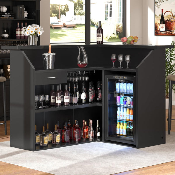 L-Shaped Home Bar Cabinet with Fridge Space, 4-Tier Corner Bar Cabinet with Glass Holder, Liquor Cabinet for Home with Led Lights, Power Outlets, Wine Cabinet for Living Room, Dining Room, Basement