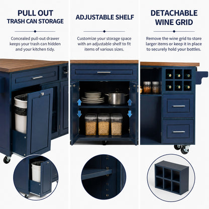 Rolling Kitchen Island Cart with Drop-Leaf and Rubber Wood Top - Natural