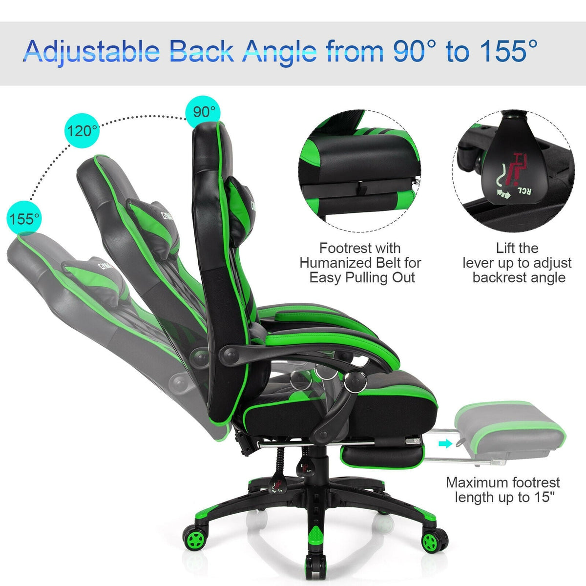 Adjustable Ergonomic Gaming Chair with Footrest - 6 Color Options