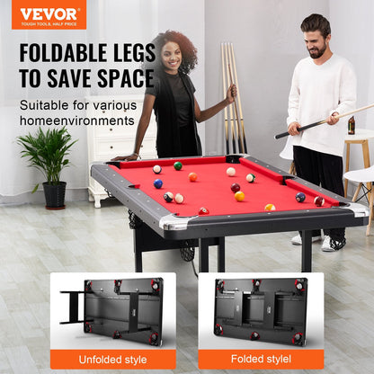 Billiards Table, 6.3 Ft Pool Table, Portable Foldable Space-Saving Table, Billiard Table Set Includes Balls, Cues, Chalks And Brush, Black With Red Cloth, Perfect For Family Game Room Kid Adult