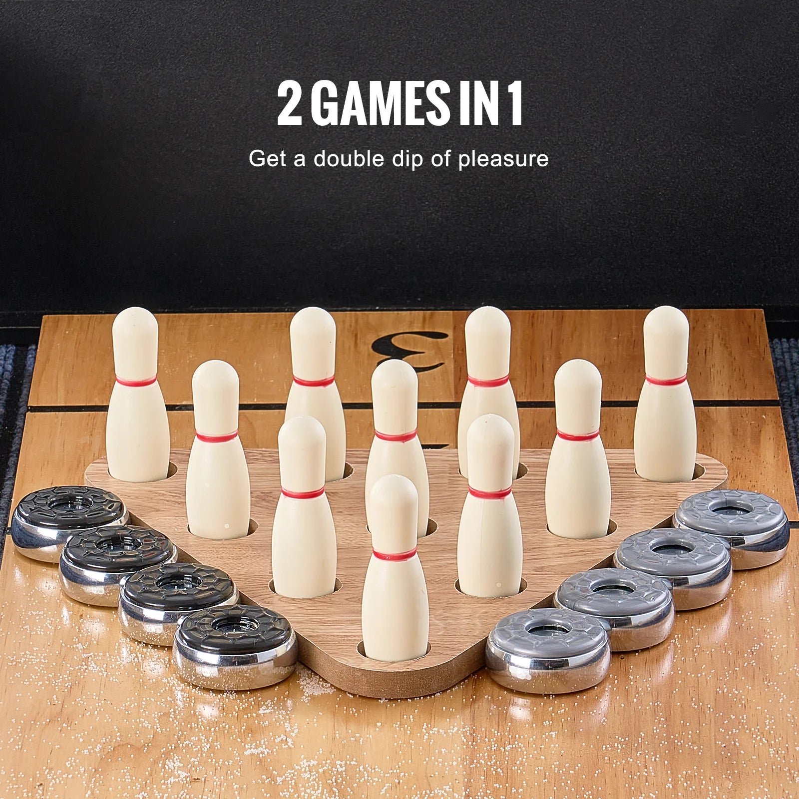 Ultimate 11.5 Ft Shuffleboard & Bowling Combo Game Set - Perfect for Family Game Rooms with Scratch-Resistant Playfield, 8 Pucks, Bowling Set, Wax & Table Brush Included!