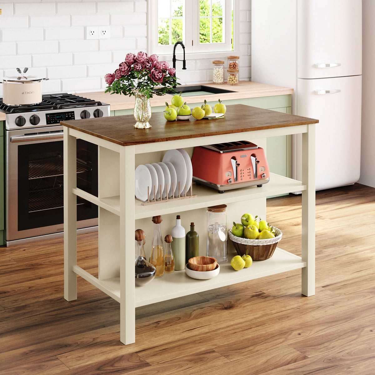 Rustic 3 Piece Stationary Kitchen Island Set With 2 Seatings, With 2 Open Shelves