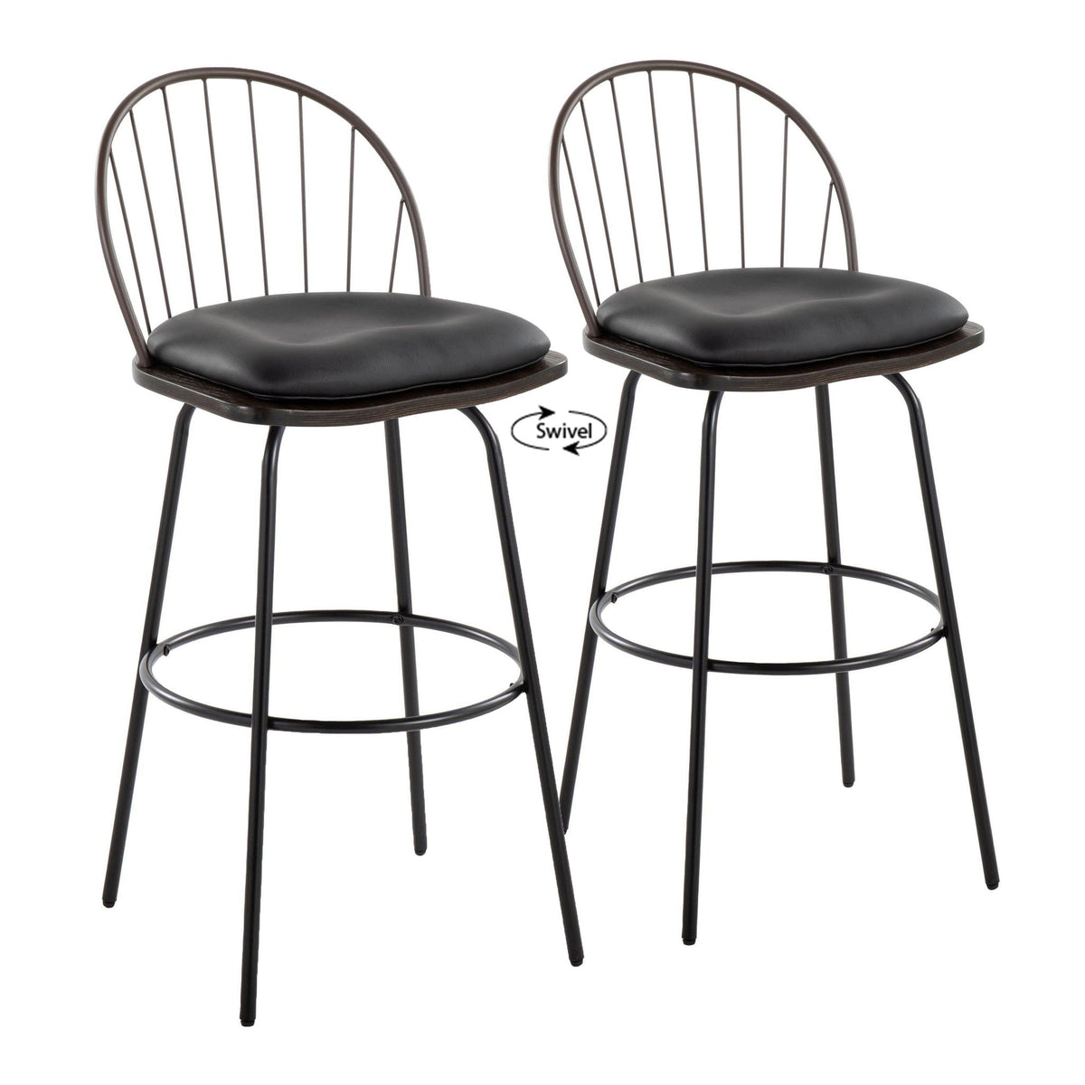 Farmhouse Barstool Set with Swivel and Round Footrest - Black or Dark Brown