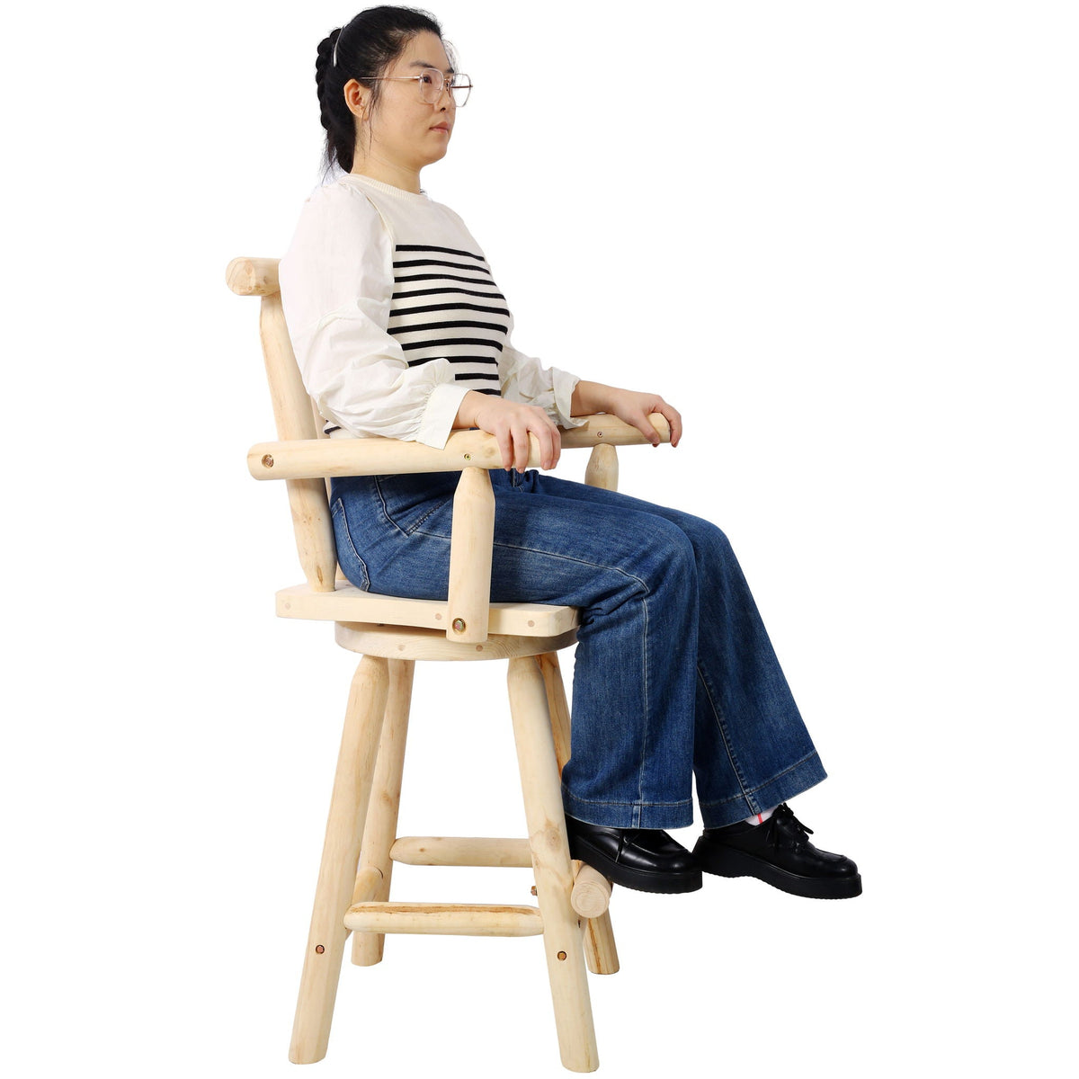 Rustic Bar Stool with Wide Armrest and 360° Swivel - Dark Brown or Light Brown