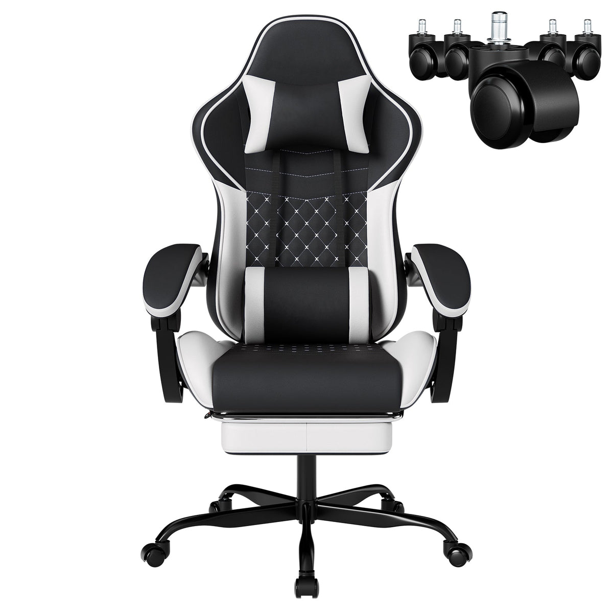 Ergonomic Video Gamer Chair with Massage Lumbar Support and Footrest - Black