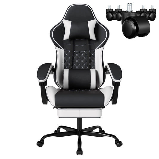 Ergonomic Video Gamer Chair with Massage Lumbar Support and Footrest - Black